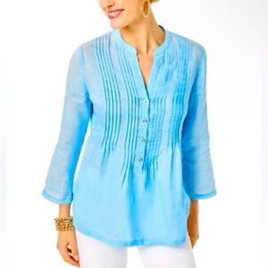Lilly Pulitzer Sz XL Sarasota Linen Tunic Top Turquoise Blue Pintuck Breathable